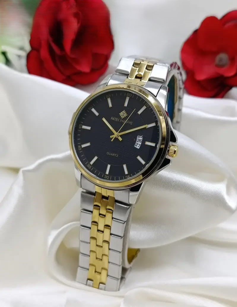 Patek Philippe Classic Round Dial – Silver & Gold Chain (Black Dial)