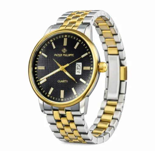 Patek Philippe Classic Round Dial – Silver & Gold Chain (Black Dial)