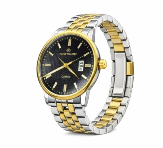 Patek Philippe Classic Round Dial – Silver & Gold Chain (Black Dial)