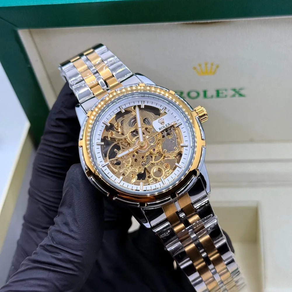 Rolex Automatic – Two Tone Stainless Steel Chain (Gold Dial)