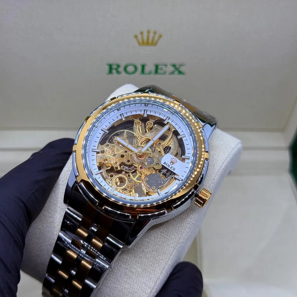 Rolex Automatic – Two Tone Stainless Steel Chain (Gold Dial)