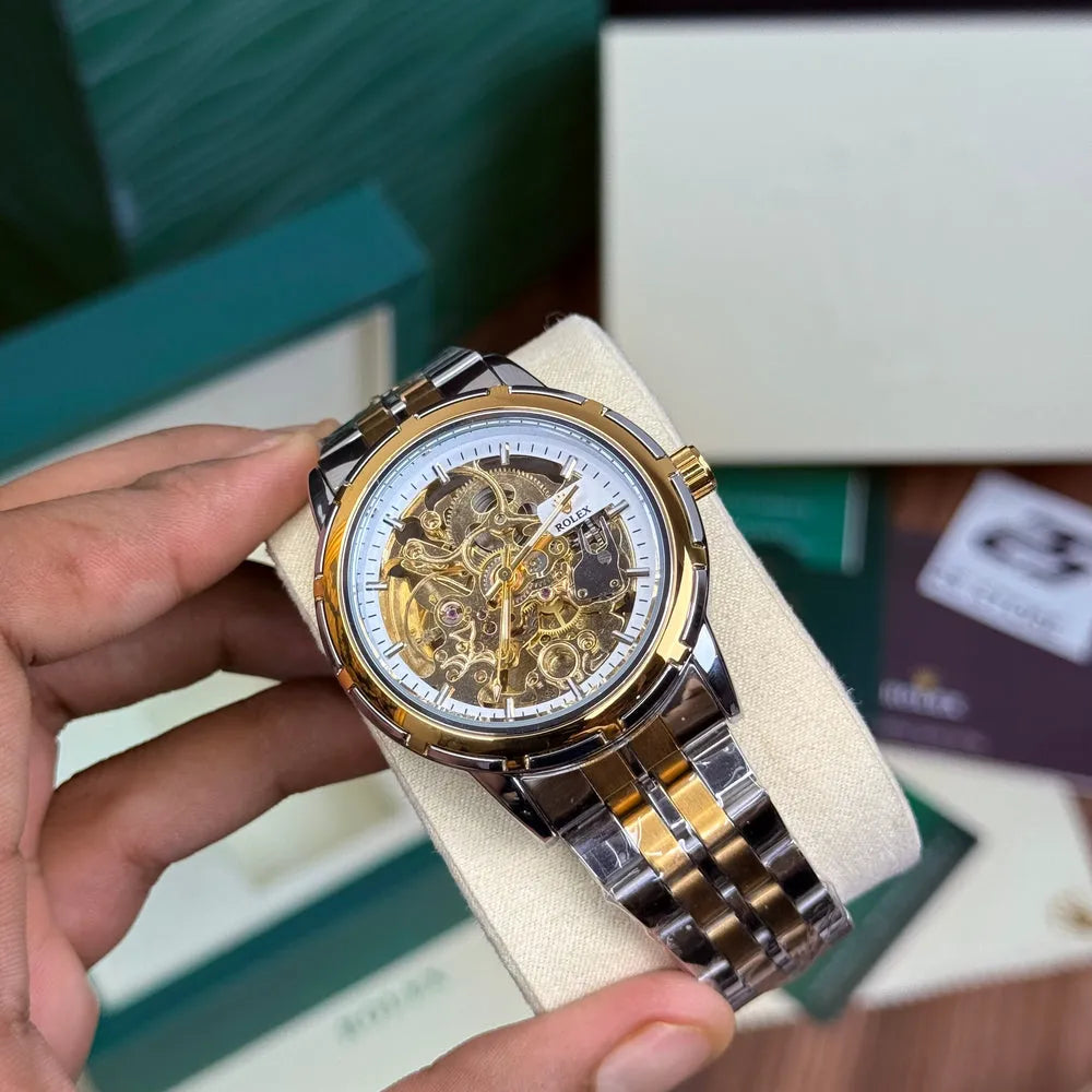 Rolex Automatic – Two Tone Stainless Steel Chain (Gold Dial)