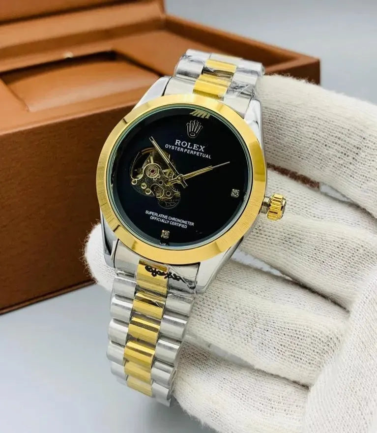 Rolex Automatic – Two Tone Stainless Steel Chain (Gold Dial)