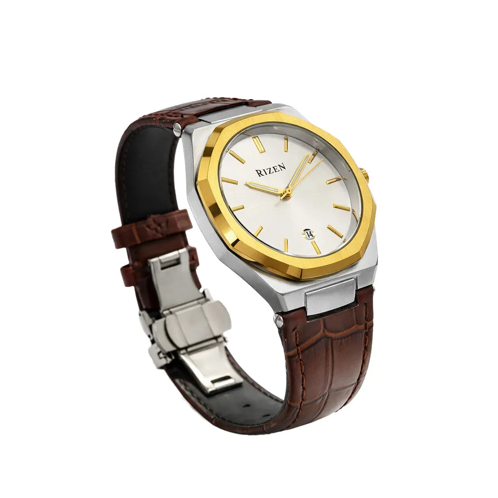 Rizen Premium Octagon Dial – Brown Leather Strap (Butterfly Lock)