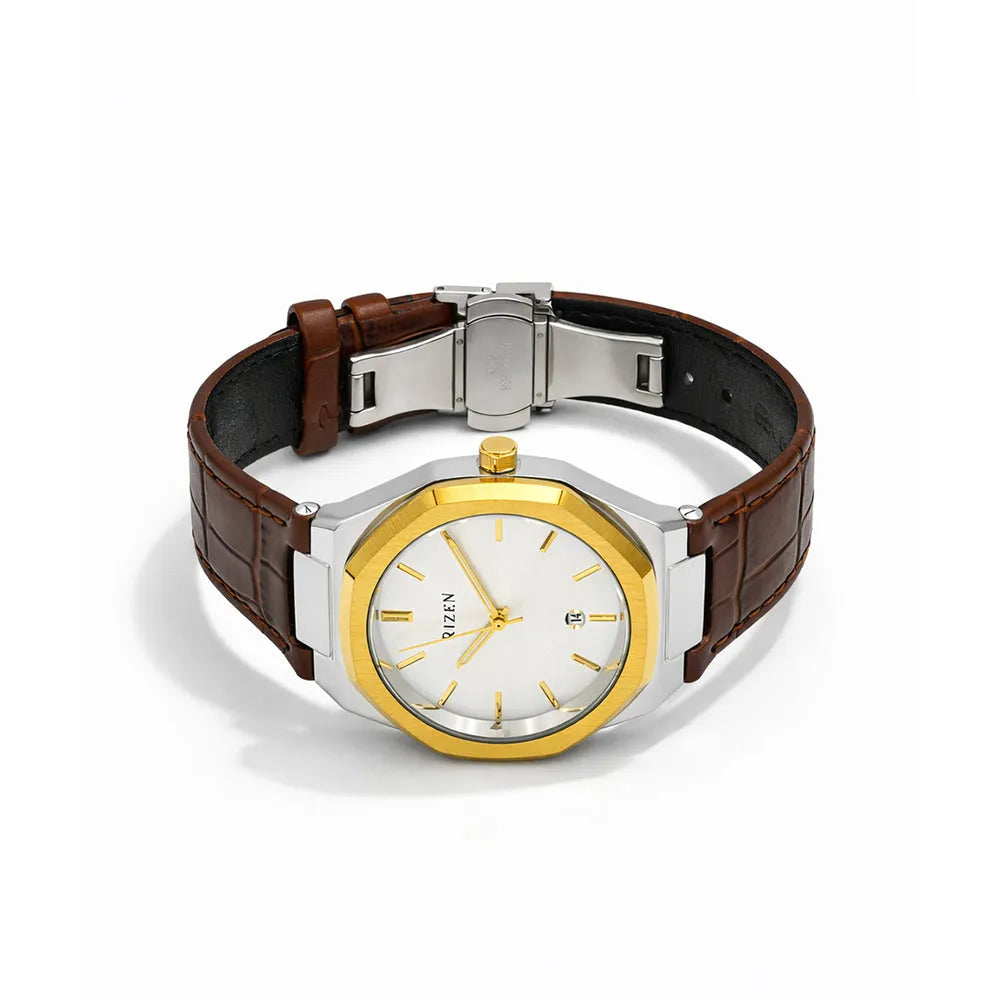 Rizen Premium Octagon Dial – Brown Leather Strap (Butterfly Lock)
