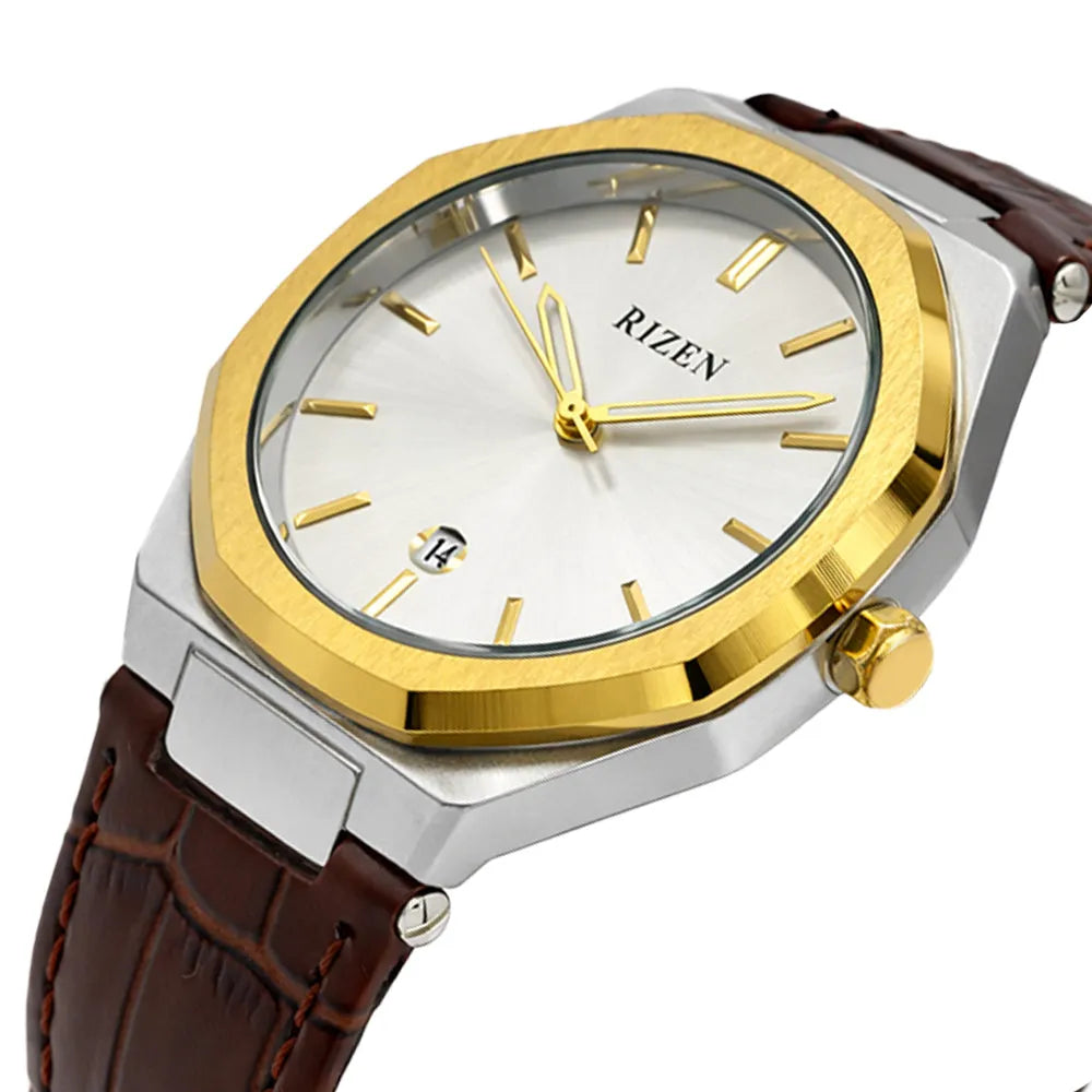 Rizen Premium Octagon Dial – Brown Leather Strap (Butterfly Lock)