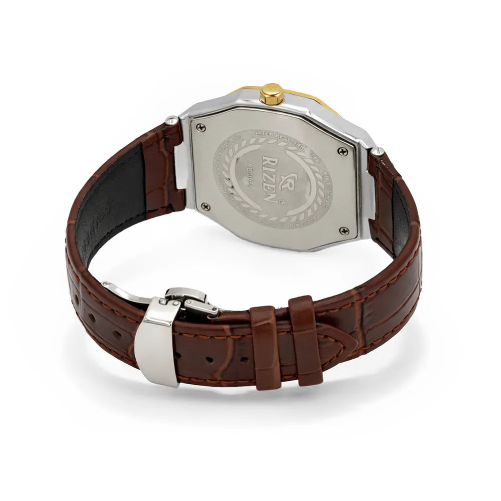 Rizen Premium Octagon Dial – Brown Leather Strap (Butterfly Lock)