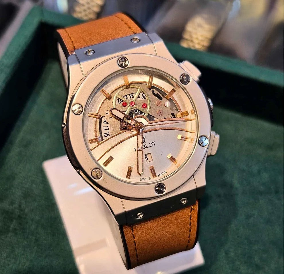 Hublot Skeleton Dial – Black Leather Strap (Waterproof)