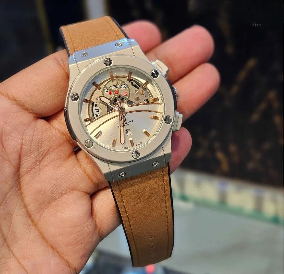 Hublot Skeleton Dial – Black Leather Strap (Waterproof)