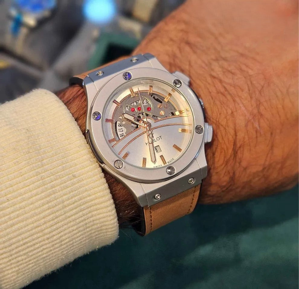 Hublot Skeleton Dial – Black Leather Strap (Waterproof)