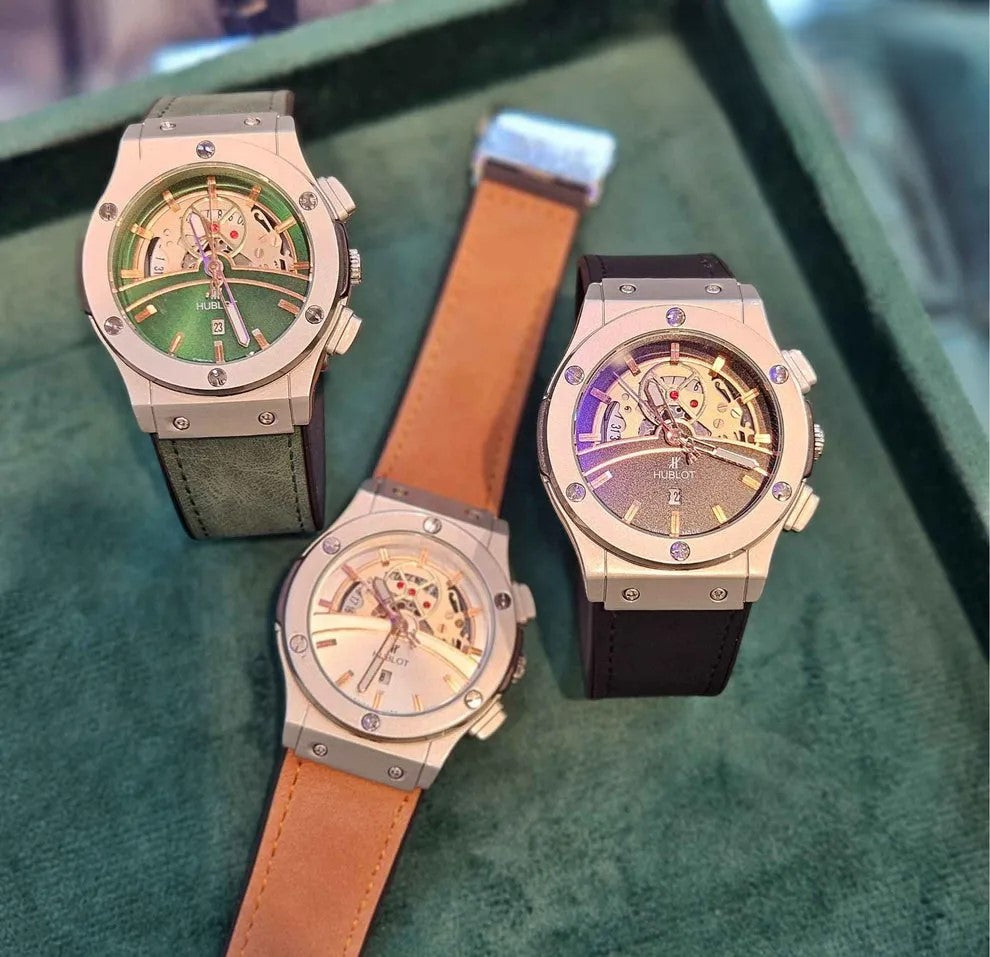 Hublot Skeleton Dial – Black Leather Strap (Waterproof)
