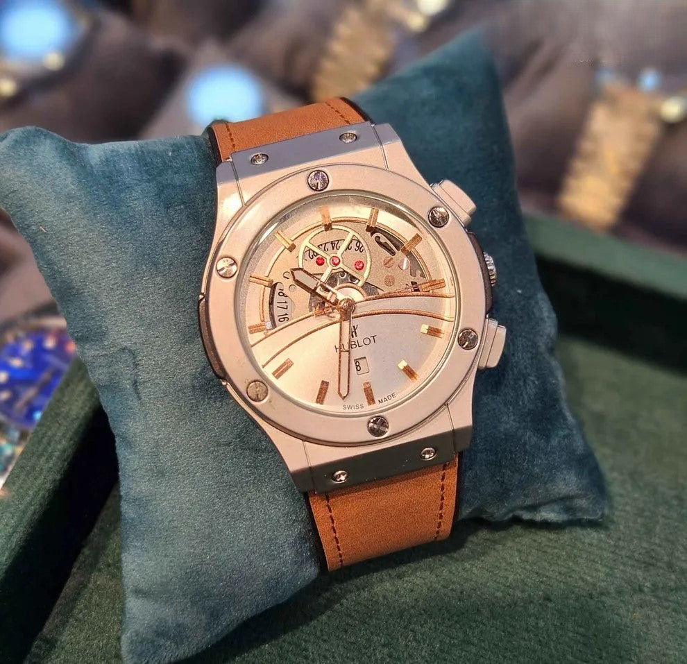 Hublot Skeleton Dial – Black Leather Strap (Waterproof)