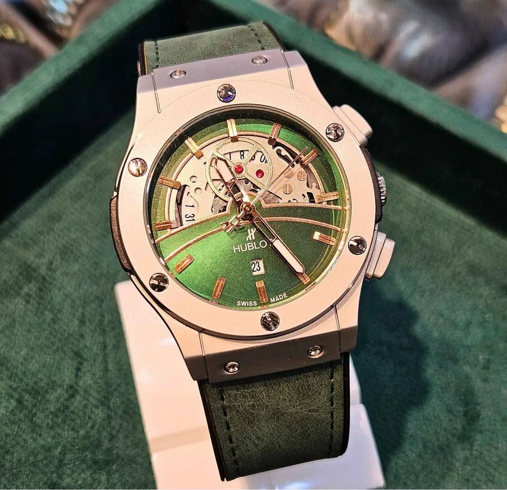 Hublot Skeleton Dial – Black Leather Strap (Waterproof)