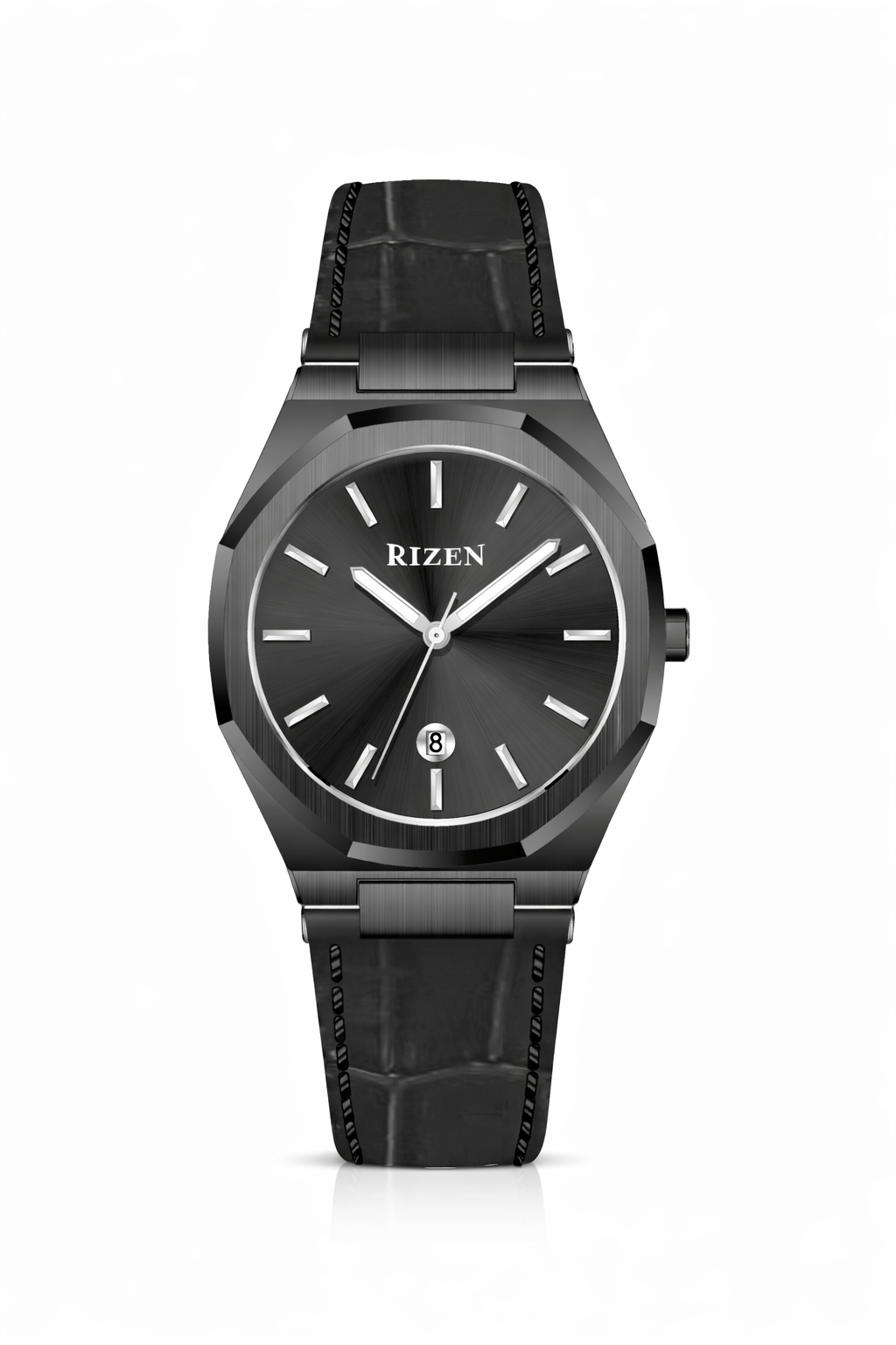 Rizen Premium Octagon Dial – Brown Leather Strap (Butterfly Lock)